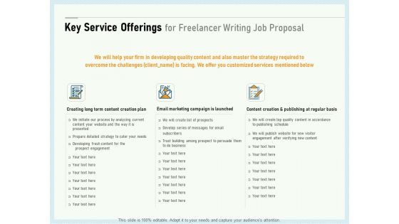 Writing A Bid Key Service Offerings For Freelancer Writing Job Proposal Ppt PowerPoint Presentation Summary Show PDF