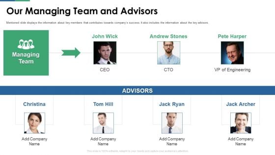 Y Combinator Pitch Deck For Startups Our Managing Team And Advisors Ppt Infographics Guide PDF