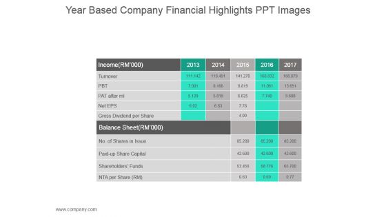 Year Based Company Financial Highlights Ppt Images
