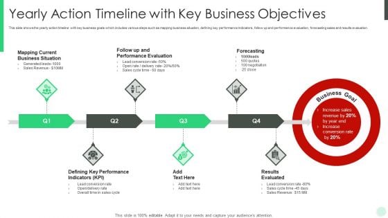 Yearly Action Timeline With Key Business Objectives Icons PDF