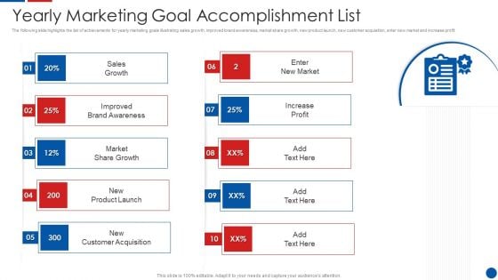 Yearly Marketing Goal Accomplishment List Ppt PowerPoint Presentation File Structure PDF