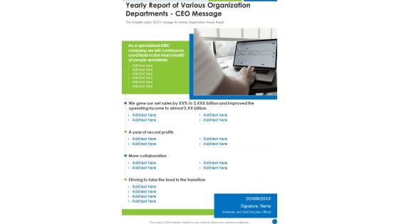 Yearly Report Of Various Organization Departments CEO Message One Pager Documents
