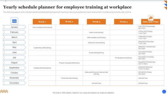 Yearly Schedule Planner For Employee Training At Workplace Mockup PDF