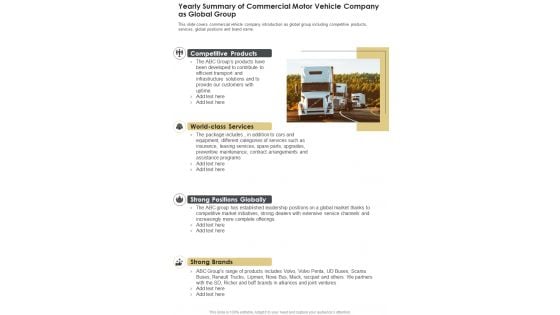 Yearly Summary Of Commercial Motor Vehicle Company As Global Group One Pager Documents