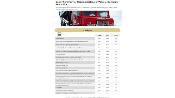 Yearly Summary Of Commercial Motor Vehicle Company Key Ratios One Pager Documents