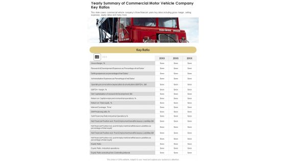Yearly Summary Of Commercial Motor Vehicle Company Key Ratios One Pager Documents Yearly Summary Of Commercial Motor Vehicle Company Key Ratios One Pager Documents