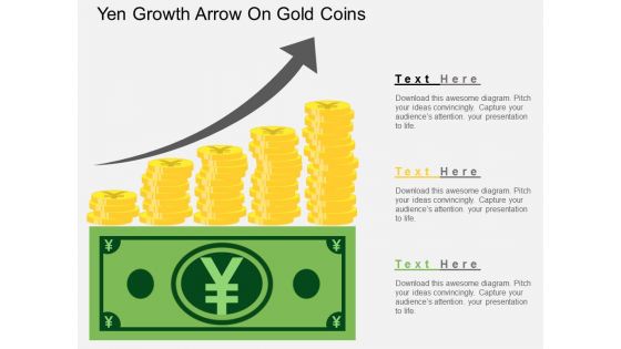 Yen Growth Arrow On Gold Coins Powerpoint Template