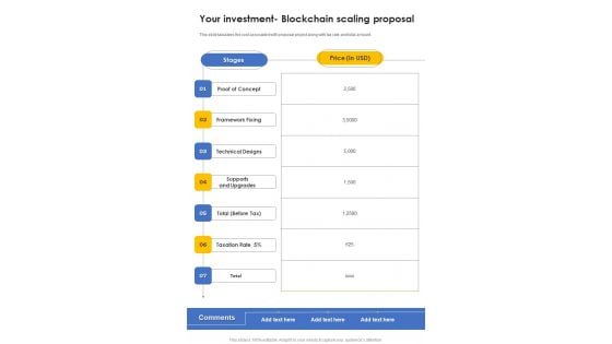 Your Investment Blockchain Scaling Proposal One Pager Sample Example Document