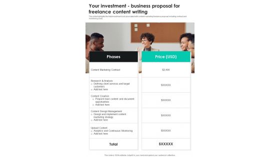 Your Investment Business Proposal For Freelance Content Writing One Pager Sample Example Document Your Investment Business Proposal For Freelance Content Writing One Pager Sample Example Document