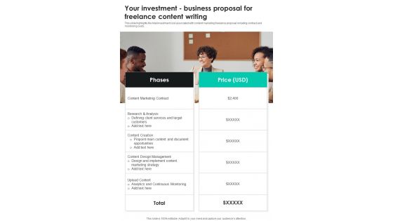 Your Investment Business Proposal For Freelance Content Writing One Pager Sample Example Document