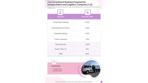 Your Investment Business Proposal For Transportation And Logistics Company One Pager Sample Example Document Your Investment Business Proposal For Transportation And Logistics Company One Pager Sample Example Document