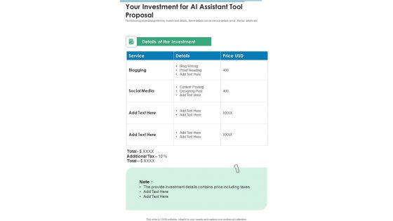 Your Investment For AI Assistant Tool Proposal One Pager Sample Example Document