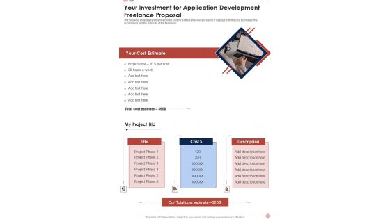 Your Investment For Application Development Freelance Proposal One Pager Sample Example Document
