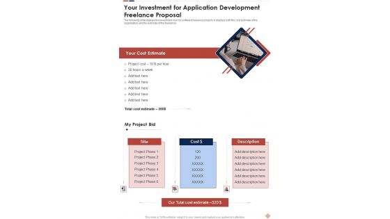 Your Investment For Application Development Freelance Proposal One Pager Sample Example Document