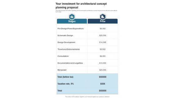 Your Investment For Architectural Concept Planning Proposal One Pager Sample Example Document