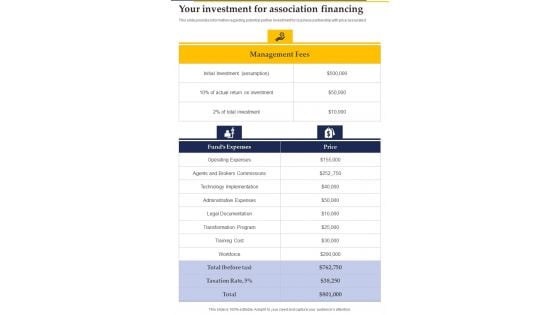 Your Investment For Association Financing Collaboration Investment One Pager Sample Example Document Your Investment For Association Financing Collaboration Investment One Pager Sample Example Document