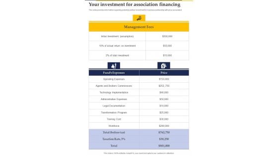 Your Investment For Association Financing Collaboration Investment One Pager Sample Example Document