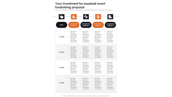 Your Investment For Baseball Event Fundraising Proposal One Pager Sample Example Document Your Investment For Baseball Event Fundraising Proposal One Pager Sample Example Document