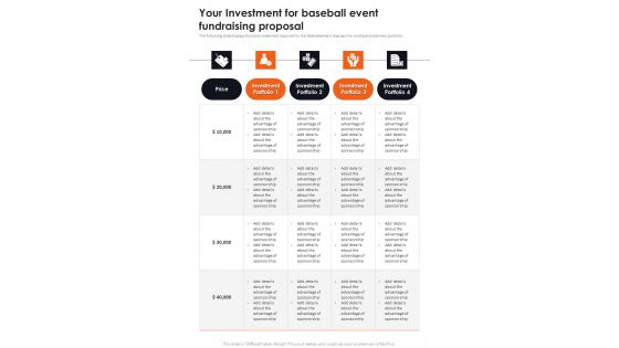 Your Investment For Baseball Event Fundraising Proposal One Pager Sample Example Document