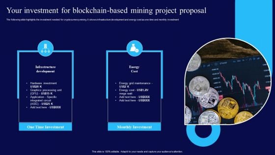 Your Investment For Blockchain Based Mining Project Proposal Ppt Layouts Examples PDF