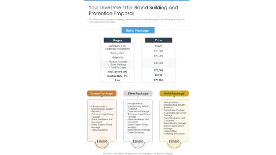 Your Investment For Brand Building And Promotion Proposal One Pager Sample Example Document Your Investment For Brand Building And Promotion Proposal One Pager Sample Example Document
