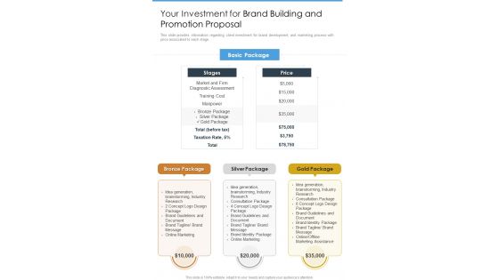 Your Investment For Brand Building And Promotion Proposal One Pager Sample Example Document