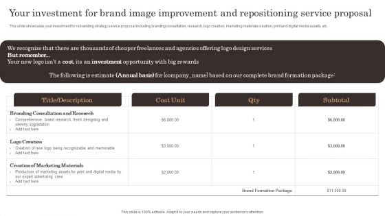 Your Investment For Brand Image Improvement And Repositioning Service Proposal Sample PDF Your Investment For Brand Image Improvement And Repositioning Service Proposal Sample PDF