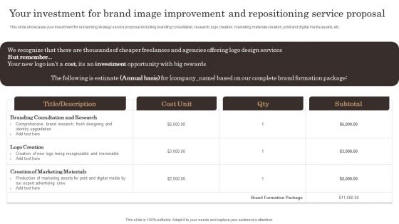 Your Investment For Brand Image Improvement And Repositioning Service Proposal Sample PDF