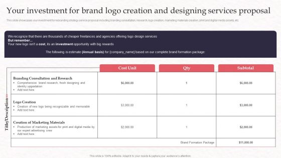 Your Investment For Brand Logo Creation And Designing Services Proposal Elements PDF