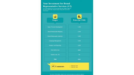 Your Investment For Brand Representative Services One Pager Sample Example Document