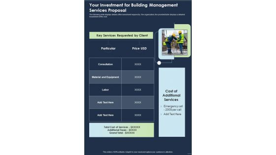 Your Investment For Building Management Services Proposal One Pager Sample Example Document