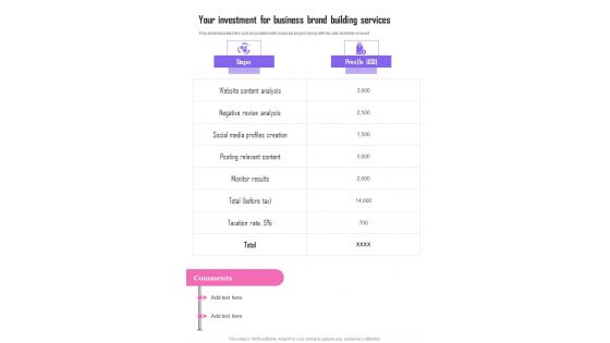 Your Investment For Business Brand Building Services One Pager Sample Example Document Your Investment For Business Brand Building Services One Pager Sample Example Document