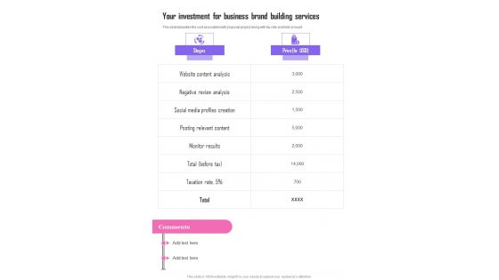 Your Investment For Business Brand Building Services One Pager Sample Example Document