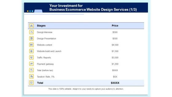 Your Investment For Business Ecommerce Website Design Services Ppt Inspiration Themes PDF Your Investment For Business Ecommerce Website Design Services Ppt Inspiration Themes PDF
