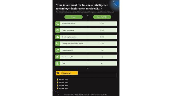 Your Investment For Business Intelligence Technology Deployment Services One Pager Sample Example Document