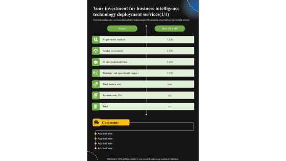 Your Investment For Business Intelligence Technology Deployment Services One Pager Sample Example Document Your Investment For Business Intelligence Technology Deployment Services One Pager Sample Example Document