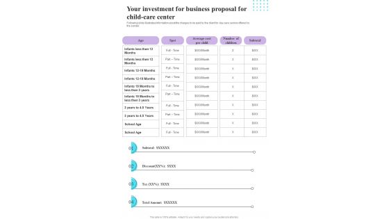 Your Investment For Business Proposal For Child Care Center One Pager Sample Example Document Your Investment For Business Proposal For Child Care Center One Pager Sample Example Document
