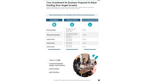 Your Investment For Business Proposal To Raise Funding From Angel Investor One Pager Sample Example Document