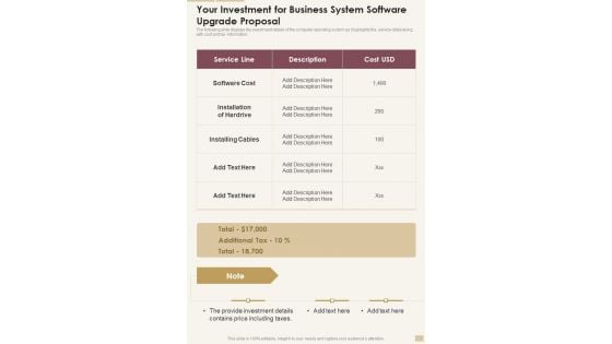 Your Investment For Business System Software Upgrade Proposal One Pager Sample Example Document Your Investment For Business System Software Upgrade Proposal One Pager Sample Example Document