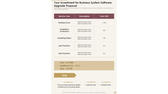 Your Investment For Business System Software Upgrade Proposal One Pager Sample Example Document