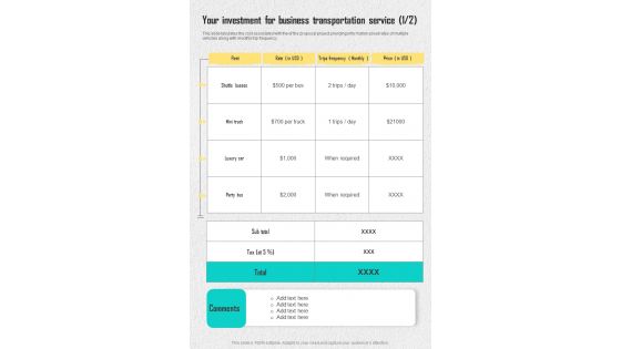 Your Investment For Business Transportation Service One Pager Sample Example Document Your Investment For Business Transportation Service One Pager Sample Example Document