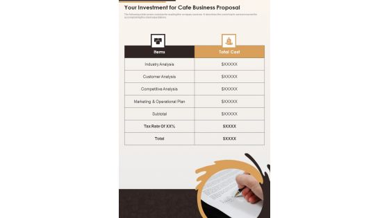 Your Investment For Cafe Business Proposal One Pager Sample Example Document