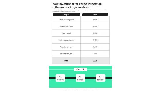 Your Investment For Cargo Inspection Software Package Services One Pager Sample Example Document Your Investment For Cargo Inspection Software Package Services One Pager Sample Example Document