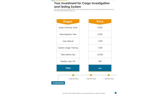 Your Investment For Cargo Investigation And Testing System One Pager Sample Example Document