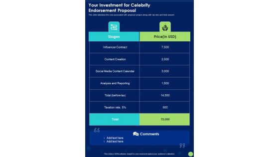 Your Investment For Celebrity Endorsement Proposal One Pager Sample Example Document Your Investment For Celebrity Endorsement Proposal One Pager Sample Example Document
