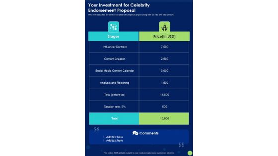 Your Investment For Celebrity Endorsement Proposal One Pager Sample Example Document