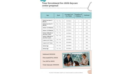 Your Investment For Child Daycare Center Proposal One Pager Sample Example Document