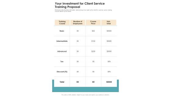 Your Investment For Client Service Training Proposal One Pager Sample Example Document