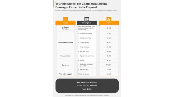 Your Investment For Commercial Airline Passenger Career Sales Proposal One Pager Sample Example Document Your Investment For Commercial Airline Passenger Career Sales Proposal One Pager Sample Example Document