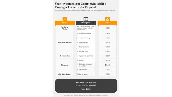 Your Investment For Commercial Airline Passenger Career Sales Proposal One Pager Sample Example Document